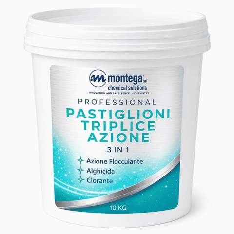 ALGHICIDA, FLOCCULANTE E CLORANTE. MODALITA’ DI UTILIZZO DEL PRODOTTO Agente Clorante – Pastiglioni Triplice Azione 10kg