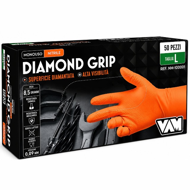 GUANTO IN NITRILE ARANCIO  VAM DIAMOND S/POLV 50 PZ TG L